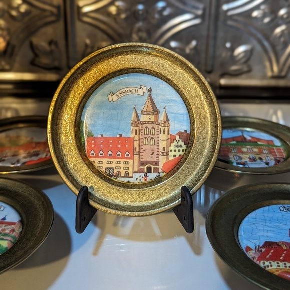 Vintage Brass Painted Porcelain German Coasters/Miniature Collectable Plates. - Picture 5 of 7
